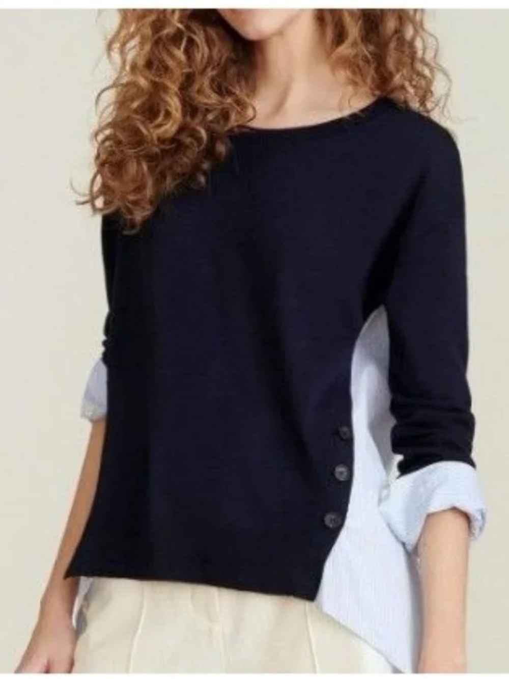 Veronica Beard Navy Knit Top with Light Blue Striped Shirt Hem